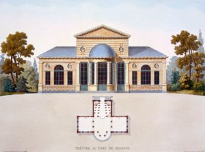 Teatr Château de Seneffe, z „Wybór najbardziej znaczących zabytków, budynków i domów Królestwa Niderlandów”, opublikowany w 1827 r.