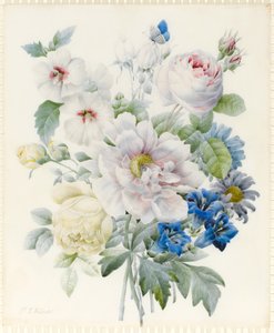 Bukiet kwiatów, w tym piwonia, róże, hibiskus, astry, goryczka i wyimaginowany niebieski motyl (grafit i wc ze śladami gumy arabskiej nad grafitem na welinie)