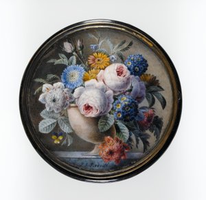 Szylkretowe pudełko z miniaturą kwiatów w kamiennym wazonie na marmurowej płycie, 1827 (wc i kolor nadwozia na kartonie, osadzony pod szkłem w oprawie z pozłacanego metalu)