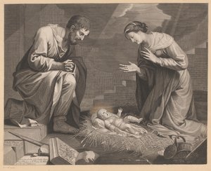 Maryja i Józef w adoracji Dzieciątka Jezus autorstwa Pierre Landry