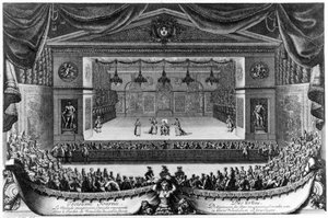 Dzień trzeci: Le Malade imaginaire (Molière), komedia reprezentowana w Ogrodzie Wersalskim przed Grotą w 1676, rycina Pierre Lepautre (1660-1744)