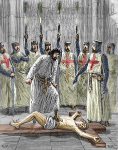 Herezja templariuszy: przedstawienie ceremonii wstąpienia rycerza do zakonu świątynnego, templariuszy, zgodnie z zeznaniami opublikowanymi po ich aresztowaniu i procesie w 1307 r., zmuszonych do zaparcia się Chrystusa i podeptania krzyża podczas