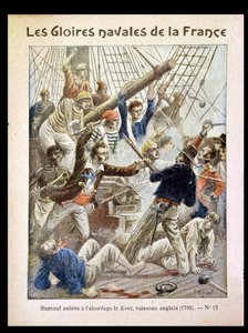 Robert Surcouf (1736-1827) z powodzeniem wszedł na pokład „Kent”, łodzi należącej do Kompanii Zachodnioindyjskiej, ilustracja z zeszytu, koniec XIX wieku