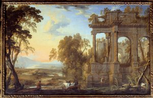 Pejzaż z ruinami i pastorami Obraz Pierre Patel the Pere (1605-1676) XVII-wieczne słońce. 0,53x0,83 m²