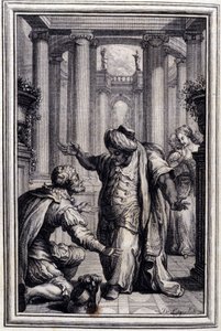 Mały pies, który przeczesuje pieniądze i kamienie - w „”Opowieściach i opowiadaniach wierszem”” Jean La Fontaine. 1776. Ilustracja P.P. Choffarda. autorstwa Pierre Philippe Choffard