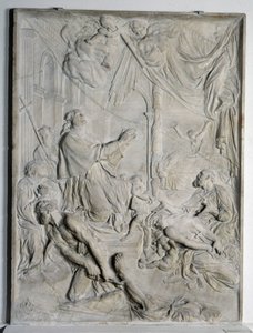 płaskorzeźba Plagi Mediolańskiej - modlący się św. Karol Boromeusz (San Carlo Borromeo) (1538-1584, kardynał i arcybiskup Mediolanu) (marmur) autorstwa Pierre Puget