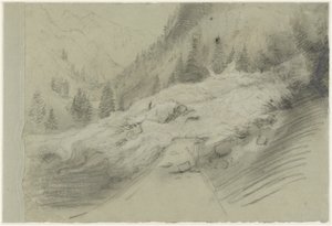 Lawina w alpejskim krajobrazie, ok. 1870 r. (Czarno-biała kreda)