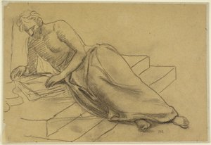 Mężczyzna leżący na schodach i czytający, studium do Filozofa, dla Boston Library autorstwa Pierre Puvis de Chavannes