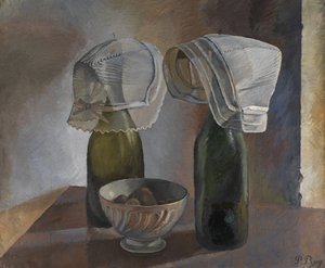 Martwa natura z butelkami i bretońskimi czepkami, ok. 1924 (olej na płótnie)