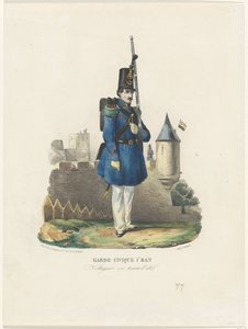 Belgische burgerwacht op wacht, 1830 Gwardia Obywatelska 1r Ban / Voltigeur w letniej sukience (tytuł na obiekcie) autorstwa Pierre Simonau