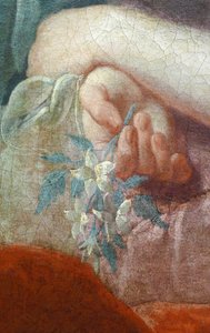 Ręka młodej kobiety trzymającej kwitnącą gałąź. Fragment portretu Madame Poulhariex i jej córki, około 1728 r. (olej na płótnie) autorstwa Pierre Subleyras