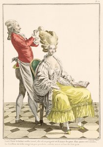 Młoda kobieta w peniuaru z fryzjerem, tablica 31 z „Galerie des Modes et Costumes Francais”, ryt. Dupin, 1778 autorstwa Pierre Thomas Le Clerc