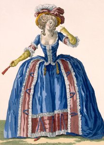 Suknia w stylu angielskim w kolorze elektrycznego błękitu z bordową falbaną, wygrawerowana przez Bacquoy, tabliczka nr 182 z "Galeries des Modes et Costumes Francais", ok. 1778-87 99:odzież;