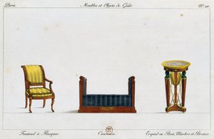 Fotel z kołnierzem, dwuosobowa kanapa i stolik na trójnogu, talerz 211, ilustracja z Collection de meubles et objects de gout (Kolekcja mebli i przedmiotów smaku) autorstwa Pierre de La Mesangere