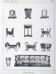 Meble z okresu konsulatu (1802-1803). Talerz zaczerpnięty z kolekcji „Collection de mobilier et objets de taste” autorstwa Pierre de la Mesangere (1761-1831). Paryż. Sztuka dekoracyjna