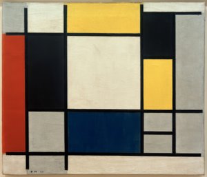 Kompozycja z żółtym, czerwonym, czarnym, niebieskim i szarym. autorstwa Piet Mondrian