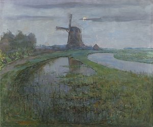Młyn Oostzijdse wzdłuż rzeki, ok. 1903 (olej na płótnie) autorstwa Piet Mondrian