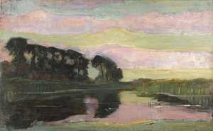 Krajobraz rzeki z różowym i żółtozielonym niebem, ok. 1907-1908. autorstwa Piet Mondrian