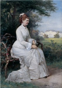 Portret księżnej Emmy von Waldeck-Pyrmont siedzącej na ławce w parku Pałacu Het Loo (olej na pokładzie) autorstwa Piet Schipperus