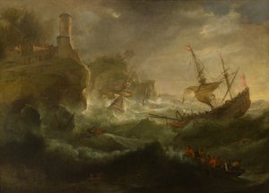 Zatapianie statków u wybrzeży Skalistych, ok. 1657-1701 (olej na płótnie) autorstwa follower of Pieter Mulier