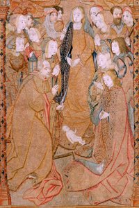 Flamandzki gobelin. Seria Triumfy Matki lub Paños de Oro. Narodziny Chrystusa (Nacimiento de Cristo). Trzeci gobelin w serii. Model Colin de Cooter (?). Wytwórnia Pieter van Aelst (lub van Edingen), Bruksela. Około 1500-1502. Tkanina Złoto, srebro, sil
