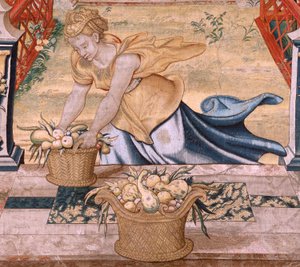 Flamandzki gobelin. Seria Vertumnus i Pomona.Vertumnus przekształciła się w rolnika. W środkowej części dolnej granicy widzimy odcinek o miłościach Jowisza: Danae. Drugi gobelin w serii. Model Koło Pietera Coecke van Aelsta. Produkcja Wil