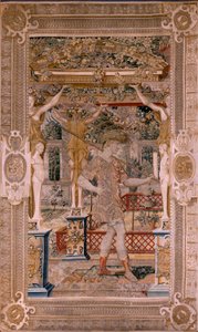 Flamandzki gobelin. Seria Vertumnus i Pomona.Vertumnus przekształciła się w rolnika. Drugi gobelin w serii. Lewa część transformacji Daphne. Model Koło Pietera Coecke van Aelsta. Manufaktura Wilhelm Pannemaker, Bruksela. Około 1545-1550. Fabry