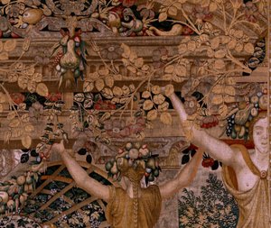 Flamandzki gobelin. Seria Vertumnus i Pomona.Vertumnus przekształciła się w rolnika. Drugi gobelin w serii. Właściwa część transformacji nimfy Myrrha. Model Koło Pietera Coecke van Aelsta. Manufaktura Wilhelm Pannemaker, Bruksela. ok. 1545- autorstwa Pieter (circle of) Coecke van Aelst
