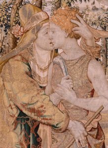 Flamandzki gobelin. Seria Vertumnus i Pomona. Vertumnus całuje Pomona. Siódmy gobelin w serii. Model Koło Pietera Coecke van Aelsta. Manufaktura Wilhelm Pannemaker, Bruksela. Około 1545-1550. Tkanina Złoto, srebro, jedwab i wełna. Rozmiar 430 x 365 cm.