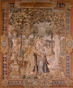 Flamandzki gobelin. Seria Vertumnus i Pomona. Vertumnus całuje Pomona. Siódmy gobelin w serii. Model Koło Pietera Coecke van Aelsta. Manufaktura Wilhelm Pannemaker, Bruksela. Około 1545-1550. Tkanina Złoto, srebro, jedwab i wełna. Rozmiar 430 x 365 cm.