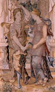 Flamandzki gobelin. Seria Vertumnus i Pomona. Vertumnus ujawnia swoją tożsamość Pomona (Vertumno se descubre ante Pomona). Ósmy gobelin z serii. Model Koło Pietera Coecke van Aelsta. Manufaktura Wilhelm Pannemaker, Bruksela. Około 1545-1550. Fabr