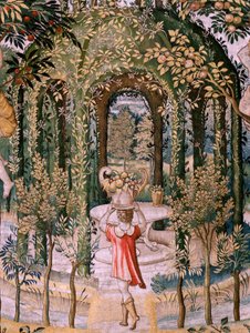Flamandzki gobelin. Seria Vertumnus i Pomona; Vertumnus przekształcony w ogrodnika (Vertumno transformado en jardinero). Piąty gobelin z serii. Model Circle Pietera Coecke Van Aelsta i Leonarda Thiry. Manufaktura Nieznany warsztat, Bruksela, przed