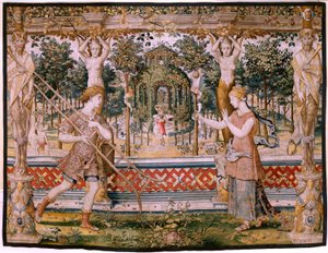 Flamandzki gobelin. Seria Vertumnus i Pomona; Vertumnus przekształcony w ogrodnika (Vertumno transformado en jardinero). Piąty gobelin z serii. Model Circle Pietera Coecke Van Aelsta i Leonarda Thiry. Manufaktura Nieznany warsztat, Bruksela, przed