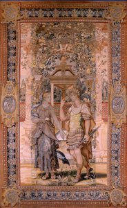 Flamandzki gobelin. Seria Vertumnus i Pomona. Vertumnus przemienił się w wojownika. Czwarty gobelin w serii. Model Koło Pietera Coecke van Aelsta. Manufaktura Wilhelm Pannemaker, Bruksela. Ca1545-1550. Tkanina Złoto, srebro, jedwab i wełna. Rozmiar 425