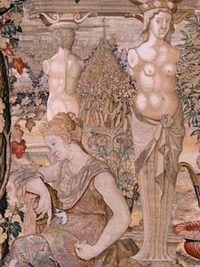 Flamandzki gobelin. Seria Vertumnus i Pomona. Vertumnus przemienił się w starą kobietę. Vertumnus przemienił się w starą kobietę. Szósty gobelin w serii. Model Koło Pietera Coecke van Aelsta. Manufaktura Wilhelm Pannemaker, Bruksela. Około 1545-1550.
