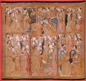 Flamandzki gobelin. Seria Triumfy Matki lub Paños de Oro. Narodziny Chrystusa (Nacimiento de Cristo). Trzeci gobelin w serii. Model Colin de Cooter (?). Wytwórnia Pieter van Aelst (lub van Edingen), Bruksela. Około 1500-1502. Tkanina Złoto, srebro, sil