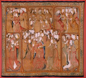 Flamandzki gobelin. Seria Triumfy Matki lub Paños de Oro. Boże ześlij Archanioła Gabriela (Dios envía al Arcángel Gabriel). Pierwszy gobelin z serii. Model Colin de Cooter (?). Wytwórnia Pieter van Aelst (lub van Edingen), Bruksela. Ca1500-1502. F