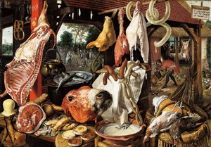 Stragan rzeźnika z ucieczką do Egiptu autorstwa Pieter Aertsen