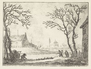 Zimowy krajobraz z domami i postaciami autorstwa Pieter Bartholomeusz. Barbiers