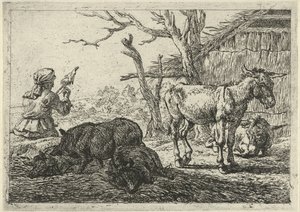 Kobieta spinning, świnia i osły Różne zwierzęta (tytuł serii)