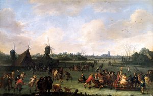 Łyżwiarze. Obraz Pietera Bouta (1658-1702). Olej na drewnie