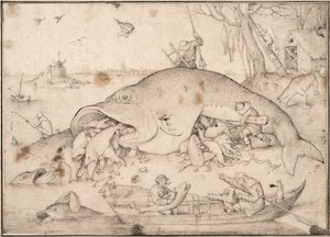 Duża ryba zjada małą rybę, 1556 autorstwa Pieter Bruegel the Elder