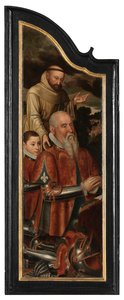 Panel lewy Chrystus na krzyżu z Matką Boską, św. Janem i Marią Magdaleną (olej na desce) autorstwa Pieter Claeissens
