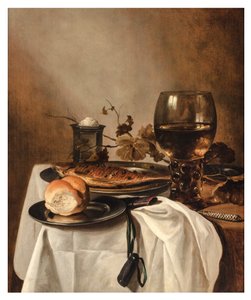 Bułka, śledź, srebrna solniczka, duży roemer i nóż na drapowanym stole, ok. 1644 (olej na desce) autorstwa Pieter Claesz