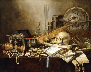 Martwa natura Vanitas z instrumentów muzycznych i rękopisów, przewrócony kielich pokryty złotą powłoką, szkatułka na biżuterię, świecznik, globus astrologiczny, sznur pereł, klejnoty, muszle, czaszka i kość udowa oraz klepsydra na udrapowanym stole, 1653