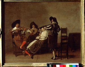 "Soiree musicale" (wieczór muzyczny) Trzech muzyków i młoda kobieta (wokal). Obraz Pietera Codde (1599-1678) XVII-wieczne Muzeum Puszkina, Moskwa autorstwa Pieter Codde