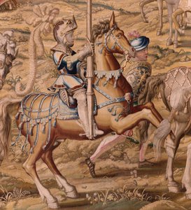 Flamandzki gobelin. Seria Podbój Tunisu; Przegląd wojsk w Barcelonie (La revista de las tropas en Barcelona). Drugi gobelin w serii. Model Jan Vermeyen i Pieter Coecke van Aelst. 1543-1548. Produkcja Real Fábrica de Tapices de Sant autorstwa Pieter Coecke van Aelst