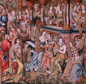 Flamandzki gobelin. Seria Honory. Cnota (La Virtu, El Vicio). Ósmy gobelin z serii. Wzorcowi rysownicy z kręgu Bernarda van Orleya i Jana Gossaerta (Mabuse). Manufaktura Pieter van Aelst, Bruksela. ok. 1550. Tkanina Złoto, srebro, jedwab a autorstwa Pieter Coecke van Aelst