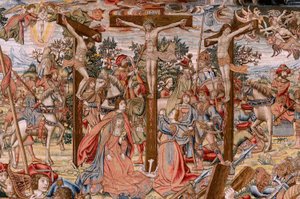 Flamandzki gobelin. Seria Męka Chrystusa; Droga na Kalwarię i spotkanie z Weroniką (Camino del Calvario y encuentro con la Verónica). Pierwszy gobelin z tych przechowywanych przez Dziedzictwo Narodowe. Wzorcowi rysownicy z kręgu Jana van Roome i Bern autorstwa Pieter Coecke van Aelst