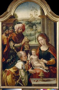 Adoracja Trzech Króli. Obraz Pietera Coecke van Aelsta Starszego (1502-1555), olej na drewnie, pierwsza połowa XVI wieku. prymitywna sztuka flamandzka. Państwowa Galeria Sztuki, Lwów (Ukraina).